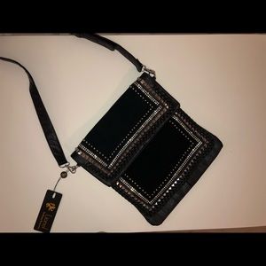 Black leather and suede silver studded purse